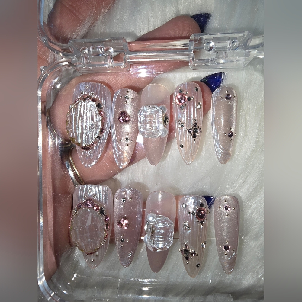 Crystal Embellished Nail Set with Pink Accents Handmade Press On Nails